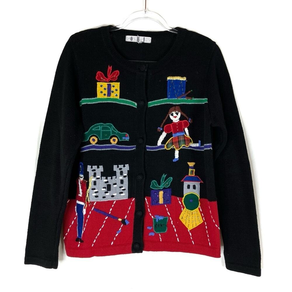 OHI Vintage Black Christmas Sweater Nutcracker Santa's Workshop Toys Womens M(?)